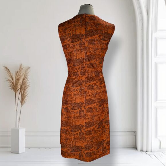 Vintage 60s Mod Belted Shift Dress Size S Orange Americana Print Old West - Picture 4 of 14